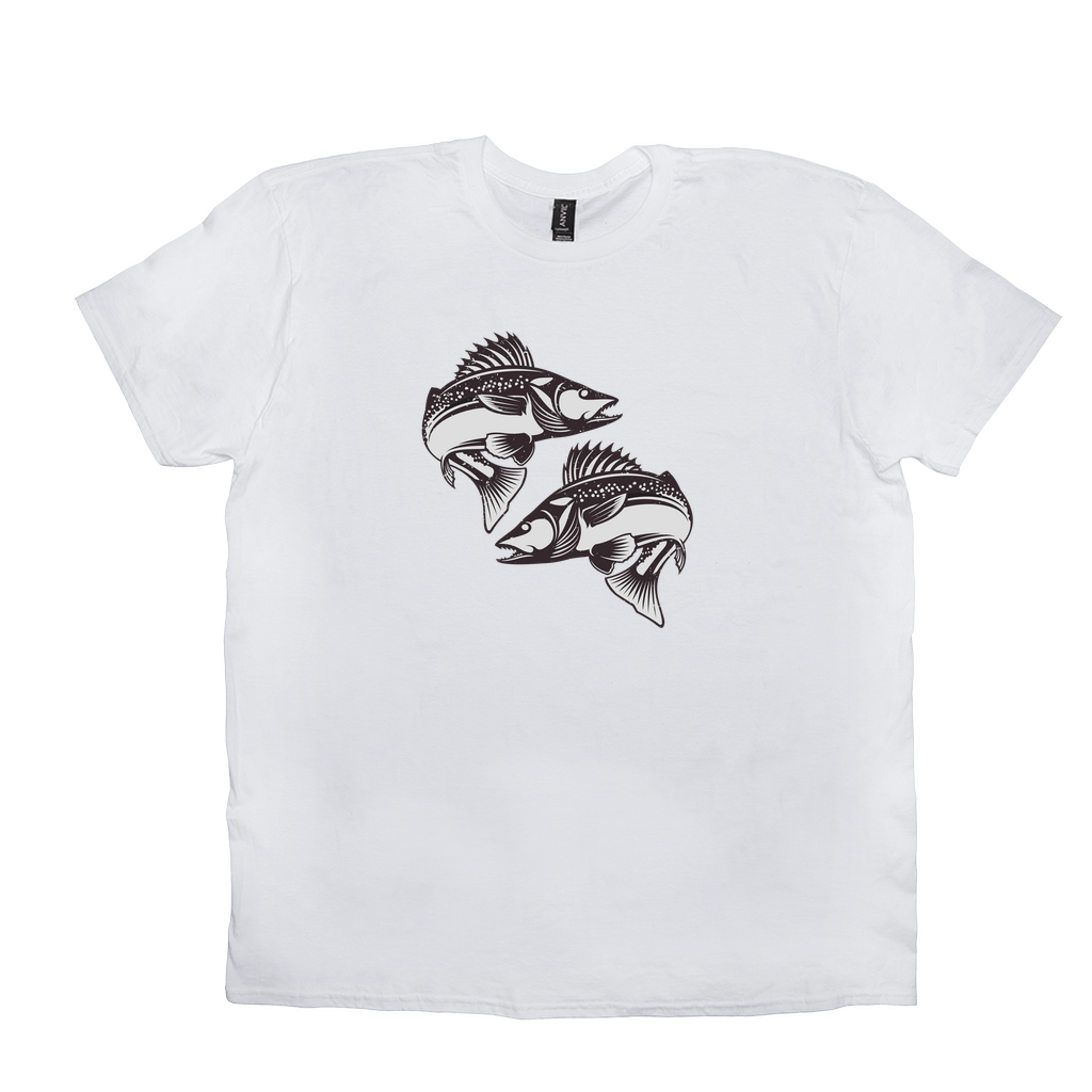 White Walleye T-shirt with black and white fish design, ideal for fishing and angling enthusiasts. 100% cotton for comfort and durability.