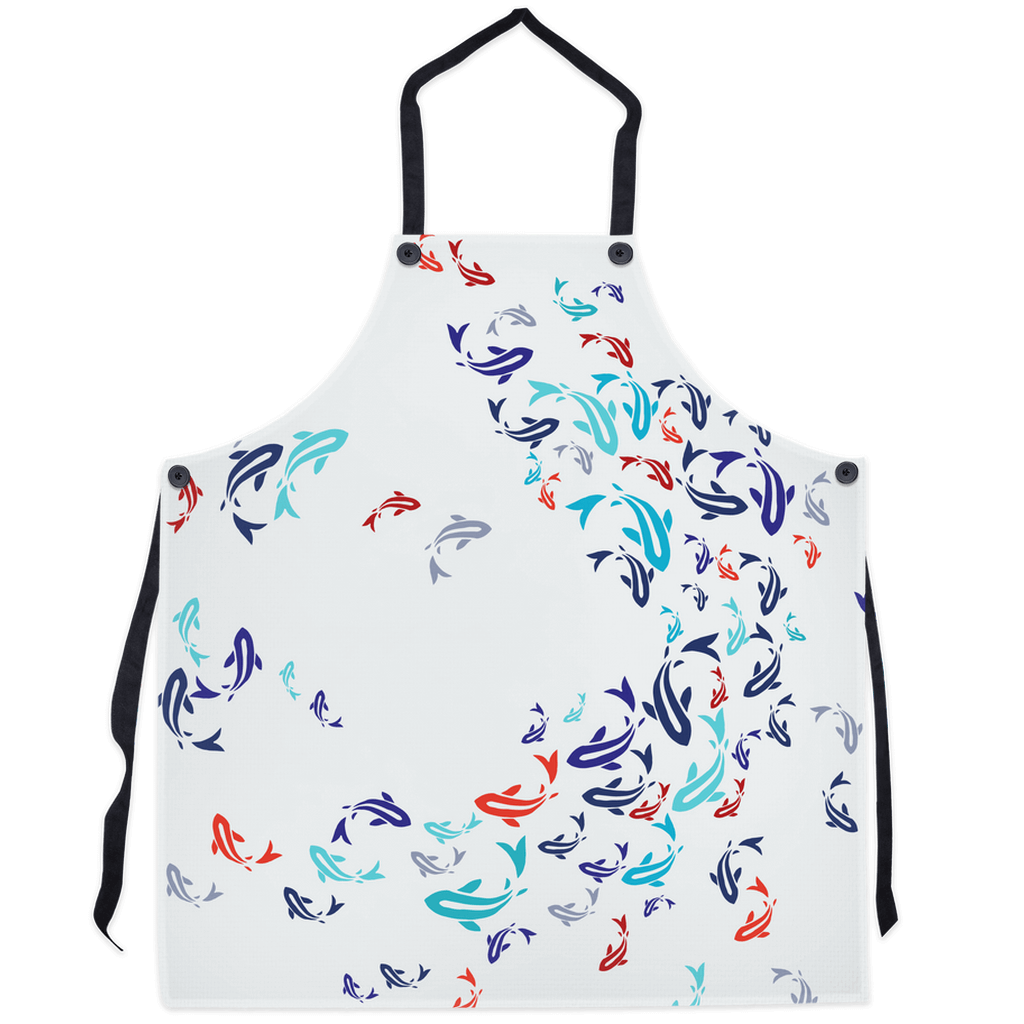 Apron with a colorful carp and koi fish swirl pattern on a white background, perfect for kitchen use and fish enthusiasts.