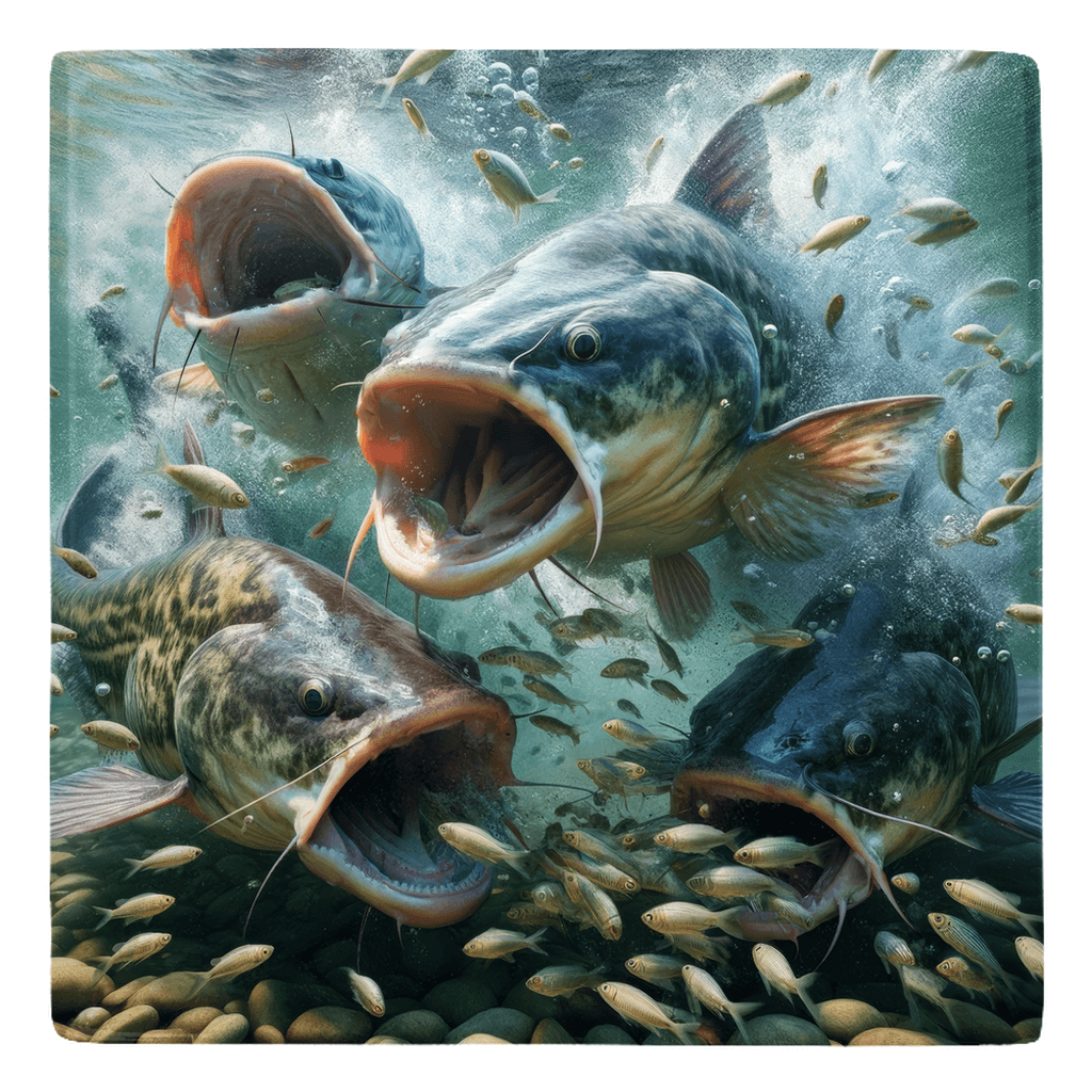 Four catfish swimming underwater with open mouths surrounded by small fish.