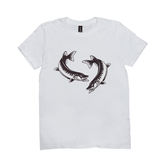 White Musky T-Shirt with black and white design of two muskellunge fish, perfect for fishing and angling enthusiasts.