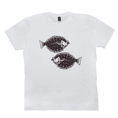 White Flounder T-Shirt with black fish design, perfect for fishing and angling enthusiasts, inspired by the ocean's depths.