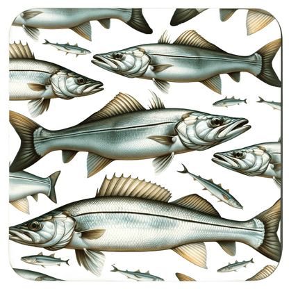 Snook fish drink coasters with artistic fish pattern, perfect for fishing enthusiasts. Fun and unique coaster for beverages.