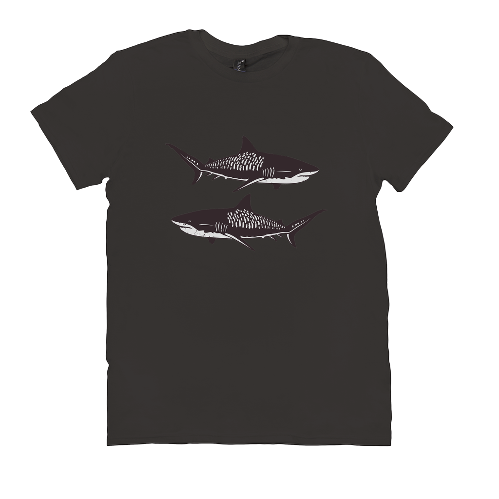 Black Tiger Shark T-Shirt with bold white design, perfect for fishing enthusiasts and anglers, made from 100% cotton for comfort.