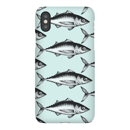 Stylish phone case featuring a black and white fish pattern on a light blue background.