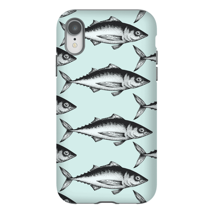 Phone case with vintage fish pattern on light blue background, featuring black and white fish illustrations.