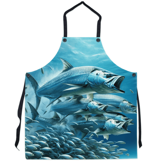 Vibrant apron showing Tarpon fish feeding on bait fish underwater. Perfect for cooking enthusiasts who love marine life.