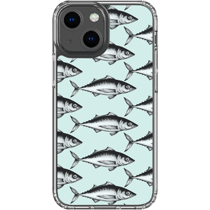 Smartphone case with vintage fish pattern design on light blue background.