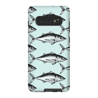 "Blue phone case with black fish pattern design"