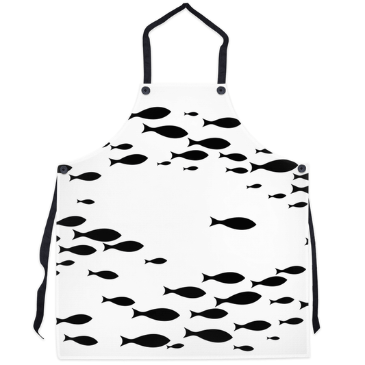 Black and white apron with schooling fish pattern for marine lovers. Perfect for kitchen elegance and full coverage while cooking.