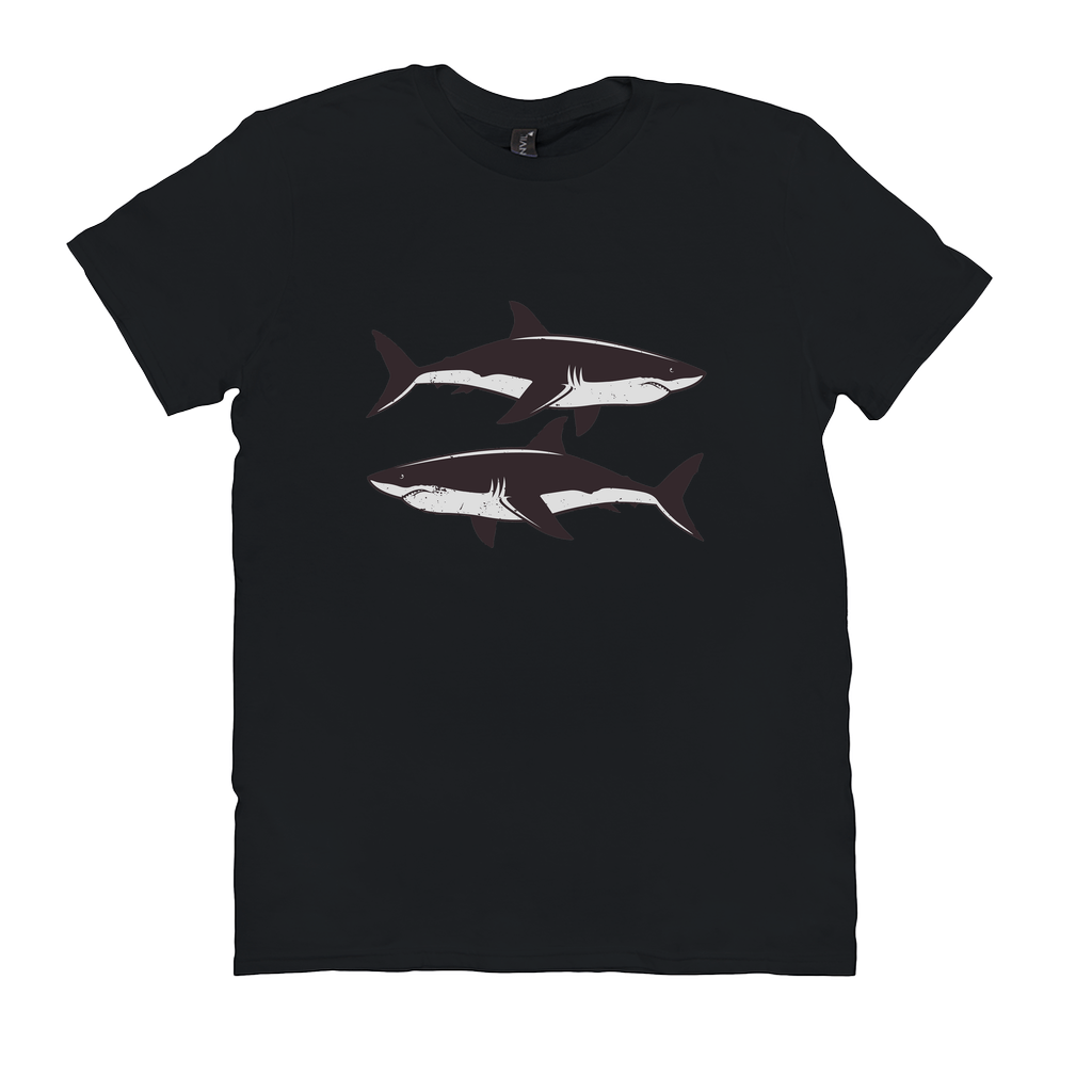 Great White Shark T-Shirt with black and white design featuring two sharks, perfect for fishing and angling enthusiasts seeking adventure.