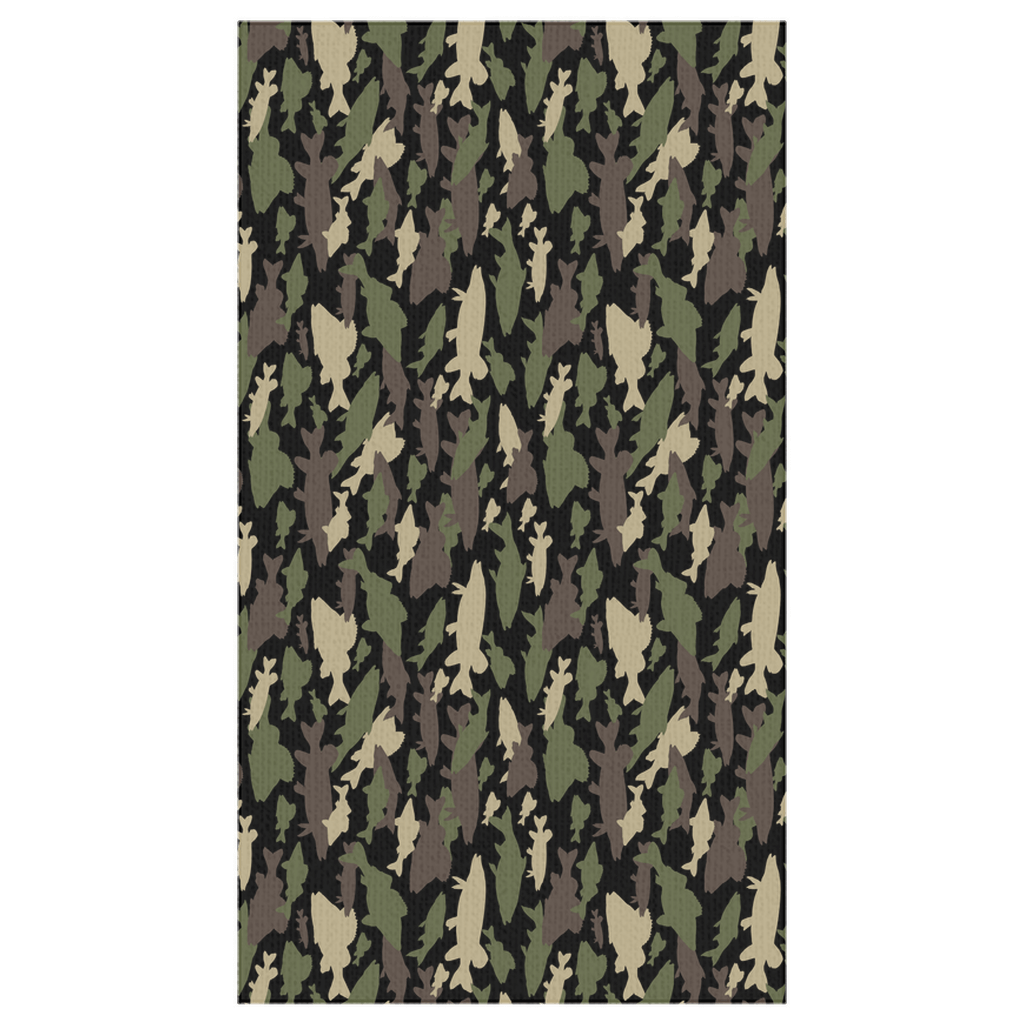 Fish camo pattern tablecloth with green and brown shades, perfect for adding an aquatic touch to your dining table. Durable and easy to clean.