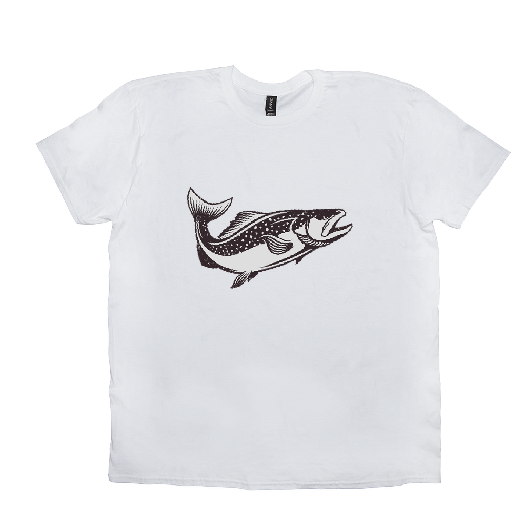 White Trout T-Shirt with black trout design perfect for fishing and angling enthusiasts.