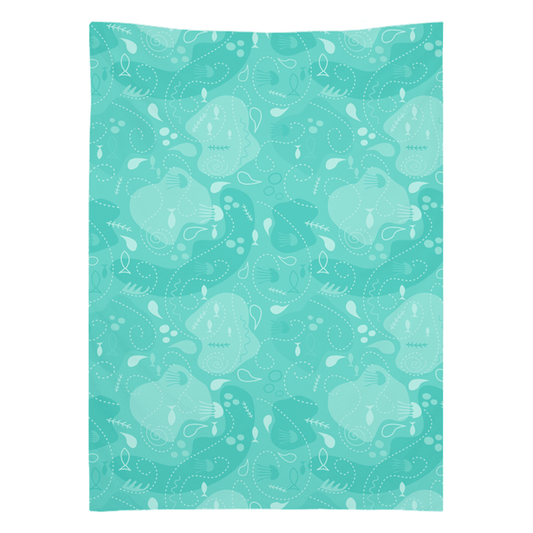 Blue green fish decor wall tapestry with vibrant design and hand-sewn edges for easy hanging.