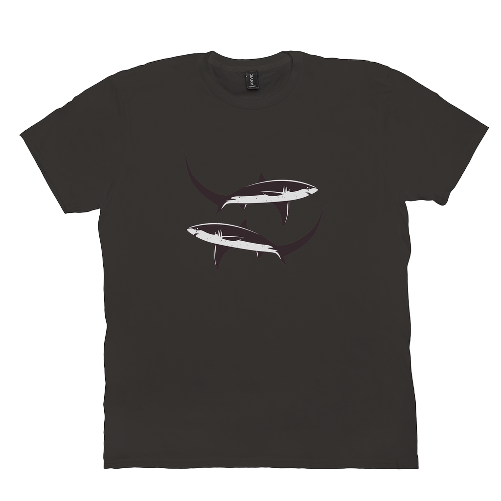 Black Thresher Shark T-Shirt featuring a striking black and white design with elongated tail, ideal for fish, fishing, and angling enthusiasts.