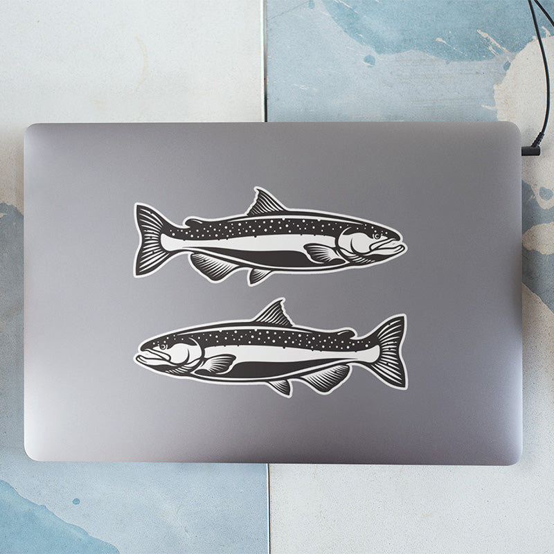 Chinook Salmon stickers on a laptop.