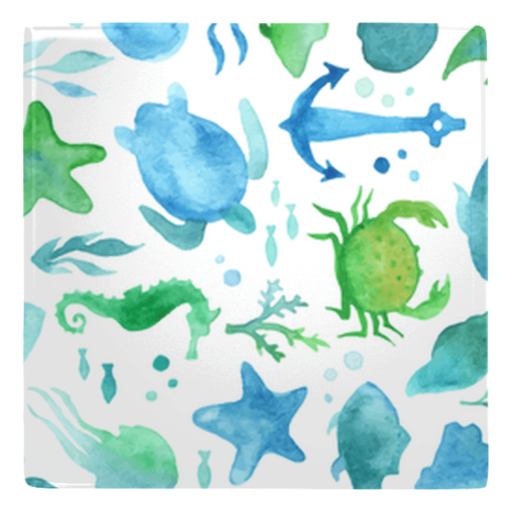 Colorful watercolor sealife metal magnet with fish decor, featuring sea creatures and anchors. Perfect for aquatic-themed kitchen.