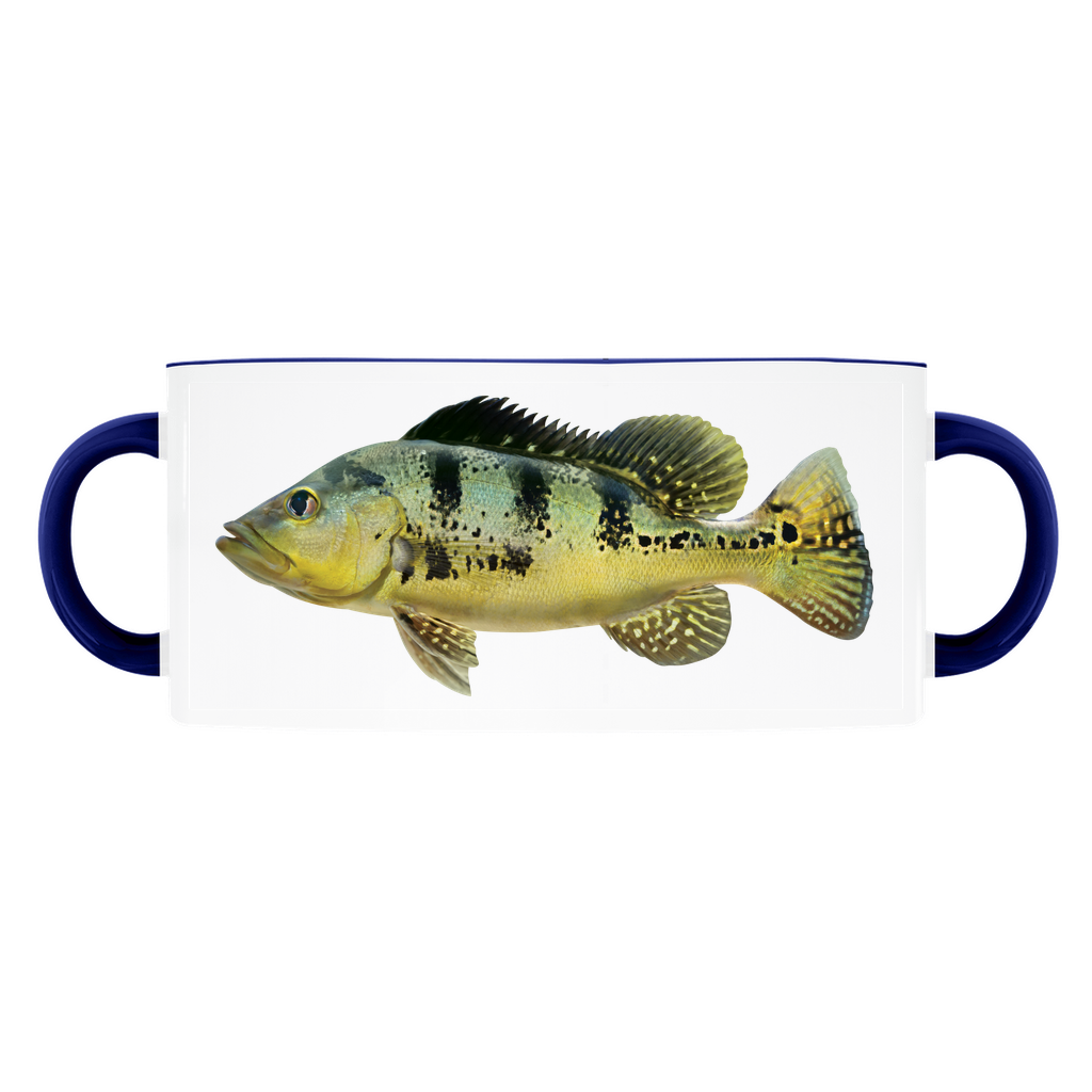 Peacock Bass accent mug with dark blue handle and rim on white background.