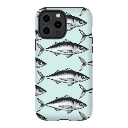 Stylish phone case with black fish pattern on a light blue background, compatible with various phone models.