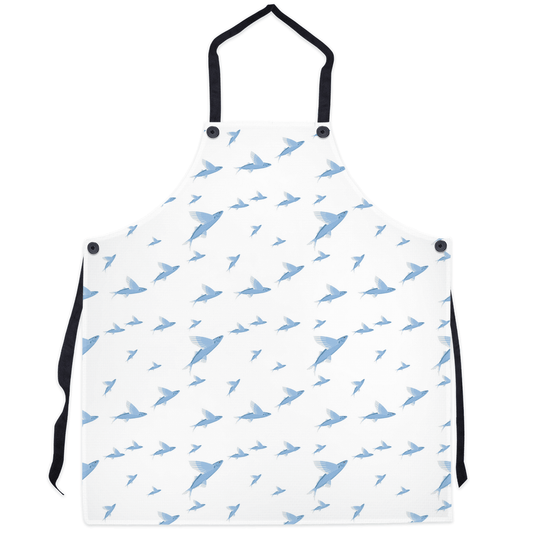 White apron with blue flying fish design for marine enthusiasts