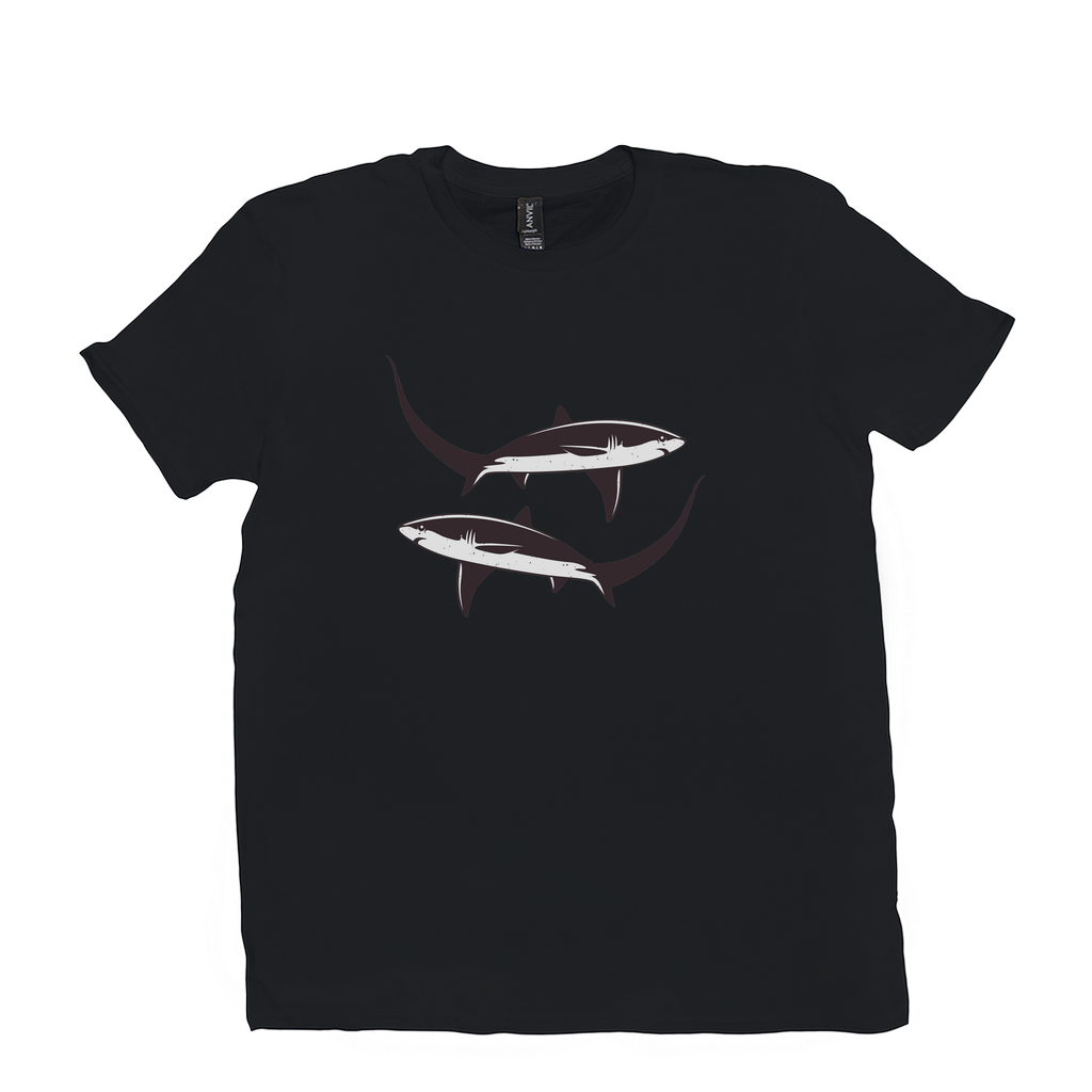 Thresher Shark T-Shirt featuring black and white shark design, perfect for fishing and angling enthusiasts.