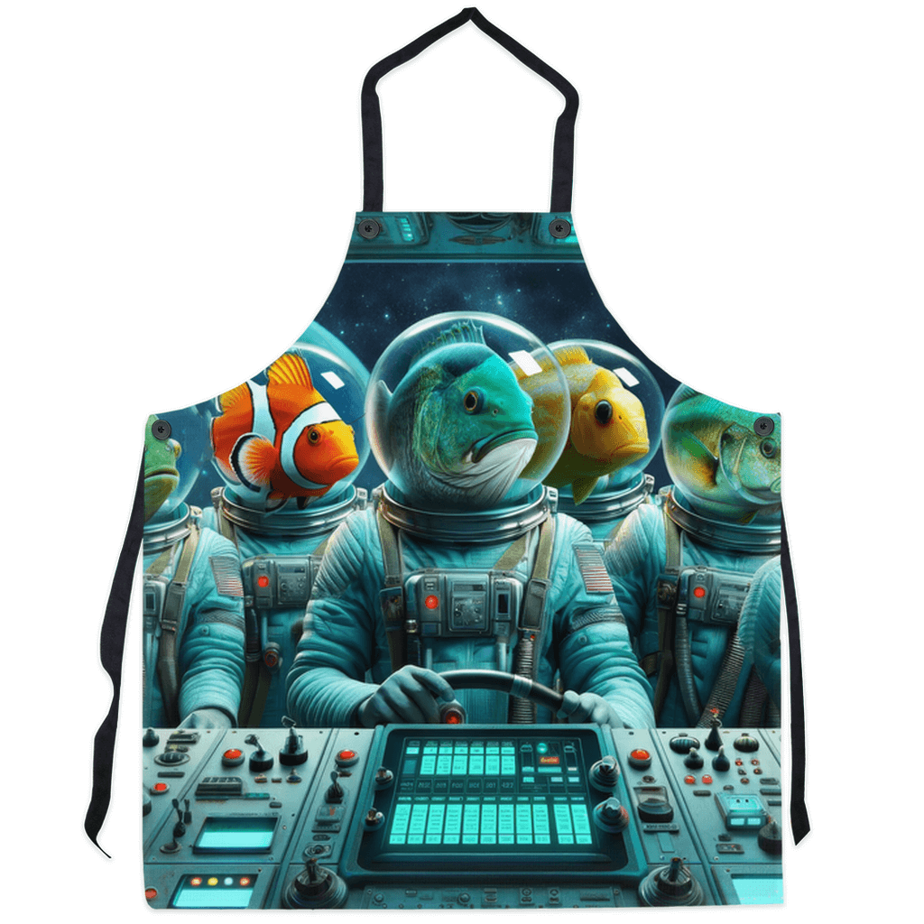 Space Fish apron featuring astronaut fish piloting an interstellar starship, blending marine life and space adventure in a fun kitchen design