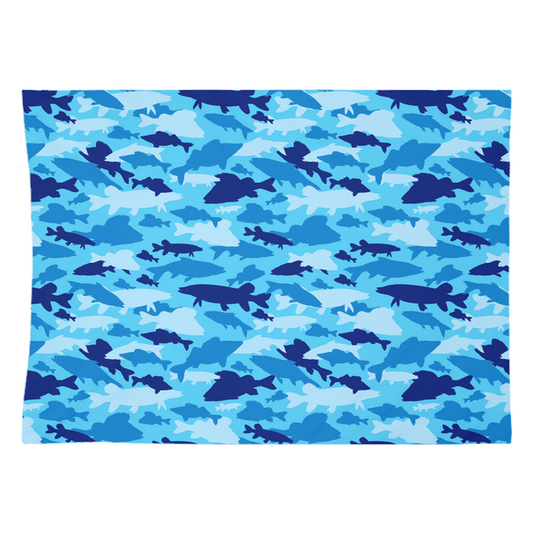 Blue camo fish wall tapestry with intricate fish design, perfect for vibrant fish wall art decor.