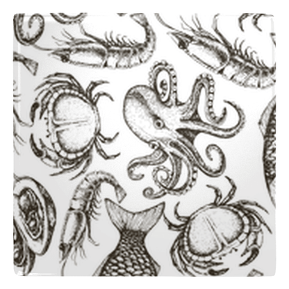 Seafood-themed fun kitchen magnets in sketch style featuring fish and sea creatures for unique decor.