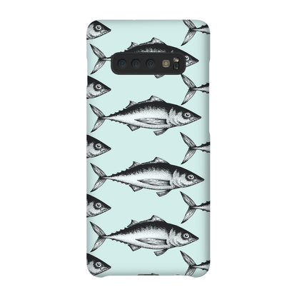 Fish pattern phone case with vintage-style illustrations on a pale blue background.