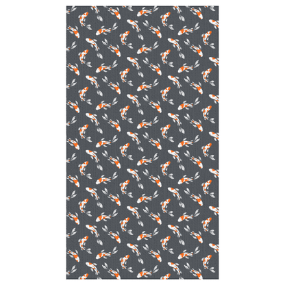 Koi Fish Tablecloth with elegant fish design on a dark background, perfect for dining spaces.