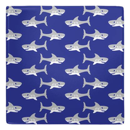 Cute shark metal magnets with fish décor pattern on a blue background.