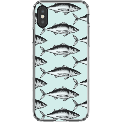 iPhone case with a pattern of illustrated fish on a light blue background.