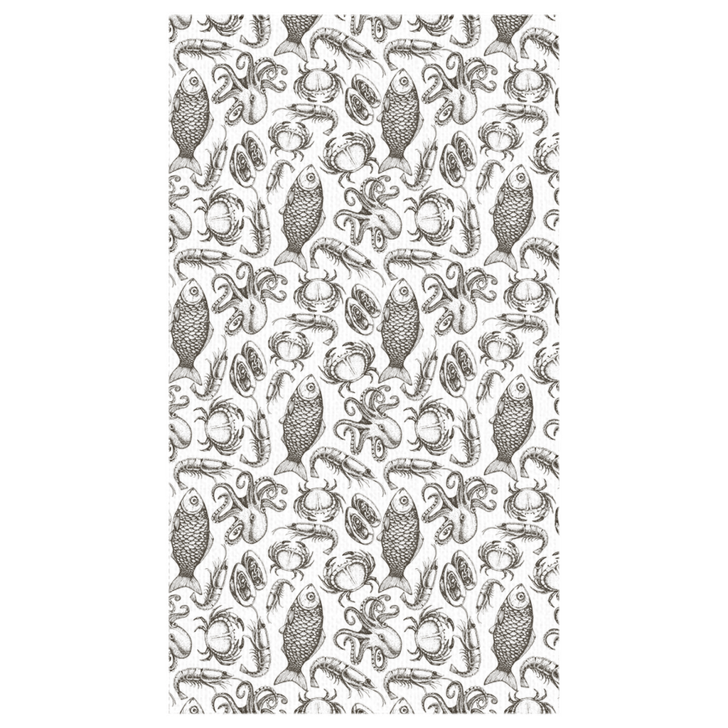 Coastal-themed Seafood Sketch Tablecloth with fish and seashell patterns. Perfect for adding a marine touch to your dining area.