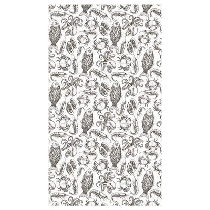 Coastal-themed Seafood Sketch Tablecloth with fish and seashell patterns. Perfect for adding a marine touch to your dining area.