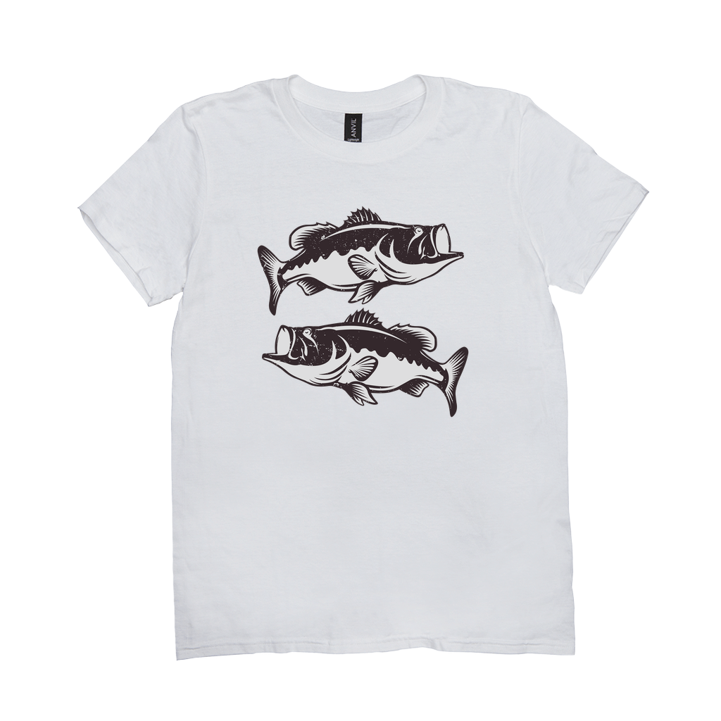 Largemouth Bass fishing T-shirt with dynamic black and white design, perfect for anglers.