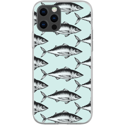 iPhone case with repeating fish pattern on a light blue background