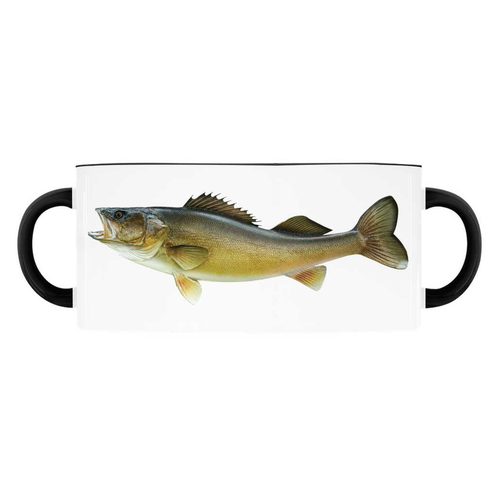 Walleye accent mug with black handle and rim on white background.
