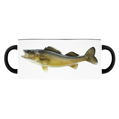 Ceramic mug with a detailed illustration of a largemouth bass, featuring black handles on each side.