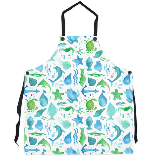 Vibrant watercolor sealife apron with marine creatures and ocean design in blues and greens