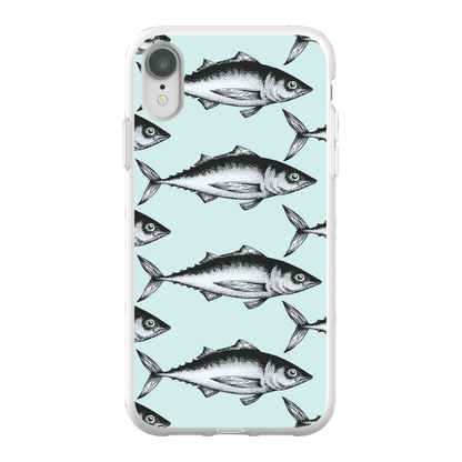 "Phone case with fish pattern on a light blue background"