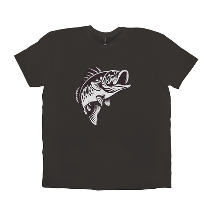 Black T-shirt with a white design of a smallmouth bass for fish and angling enthusiasts