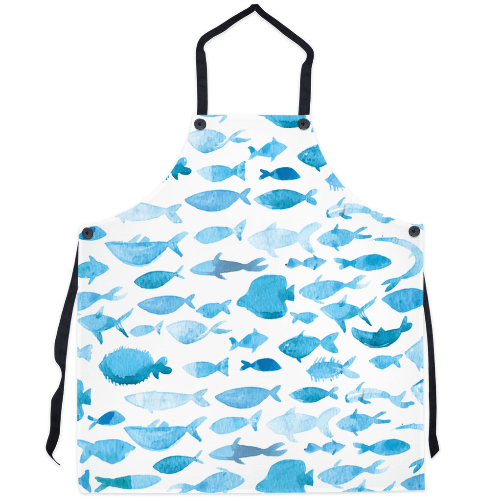 Blue watercolor fish design apron with black straps, featuring various fish shapes in serene ocean-inspired blue tones