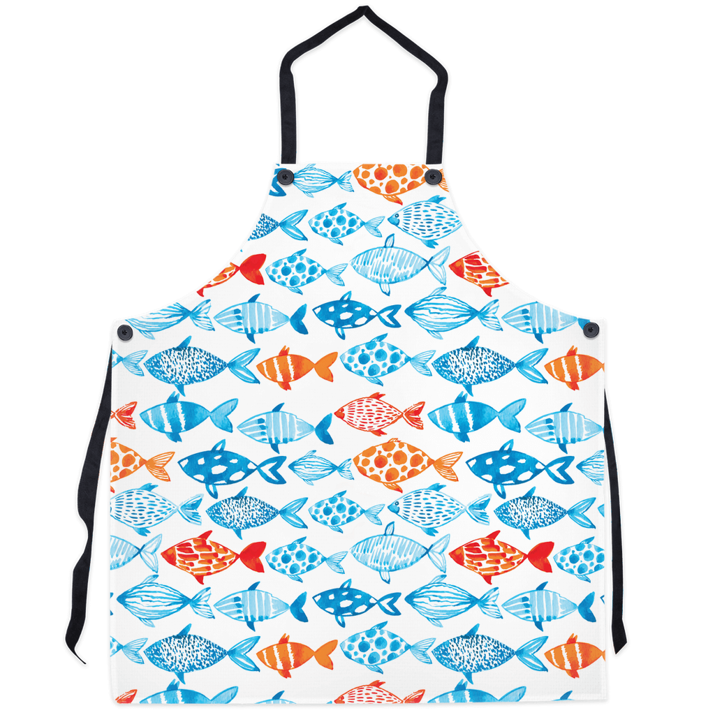 Colorful fish decor apron with vibrant marine design showcasing blue, orange, and red fish patterns.