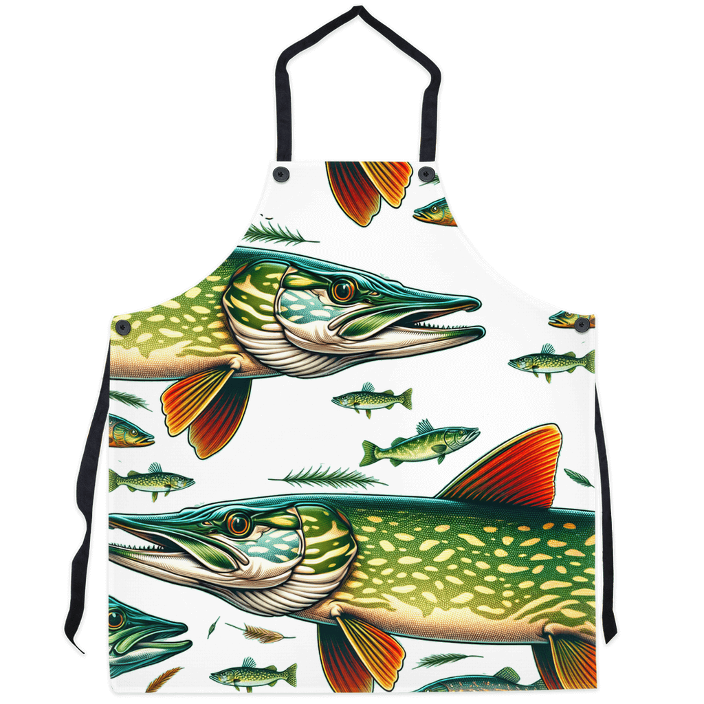 Northern Pike fish apron with colorful, lifelike design featuring the fierce predator and aquatic scene. Perfect for fishing enthusiasts.