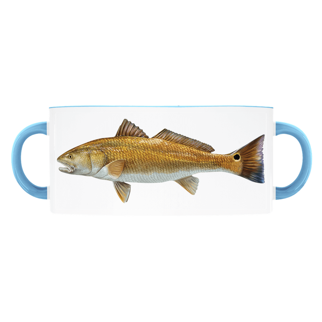 Ceramic mug featuring a detailed illustration of a redfish, with blue handles on each side.