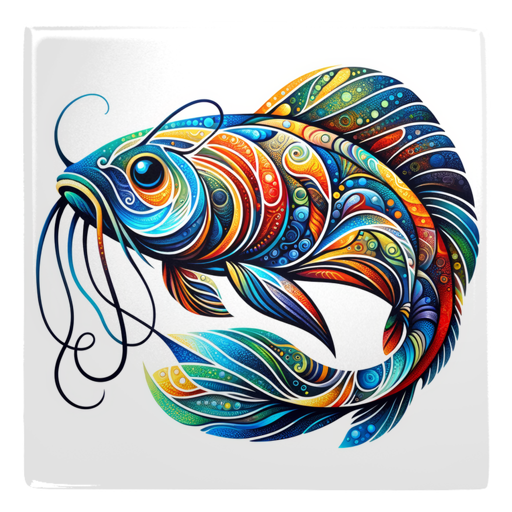 Colorful abstract catfish art on metal magnet for home decor.