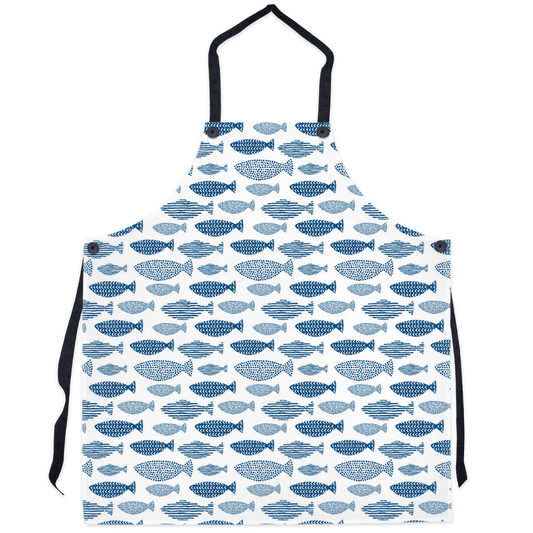 Blue fish decor apron with marine-themed pattern adding a lively touch to the kitchen. Ideal for ocean lovers and home chefs.