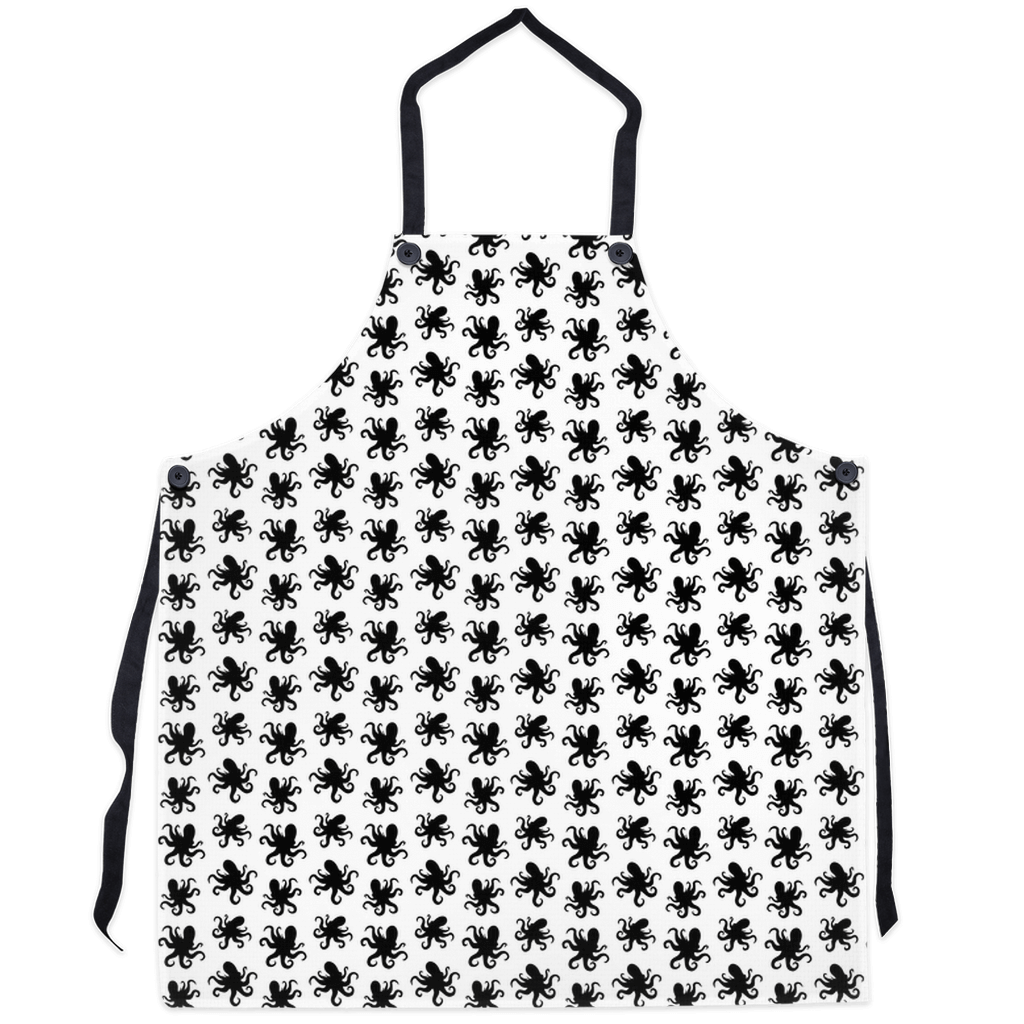 Fun octopus print apron with vintage pixel art pattern of small black octopuses on white, perfect for marine life lovers cooking or baking.