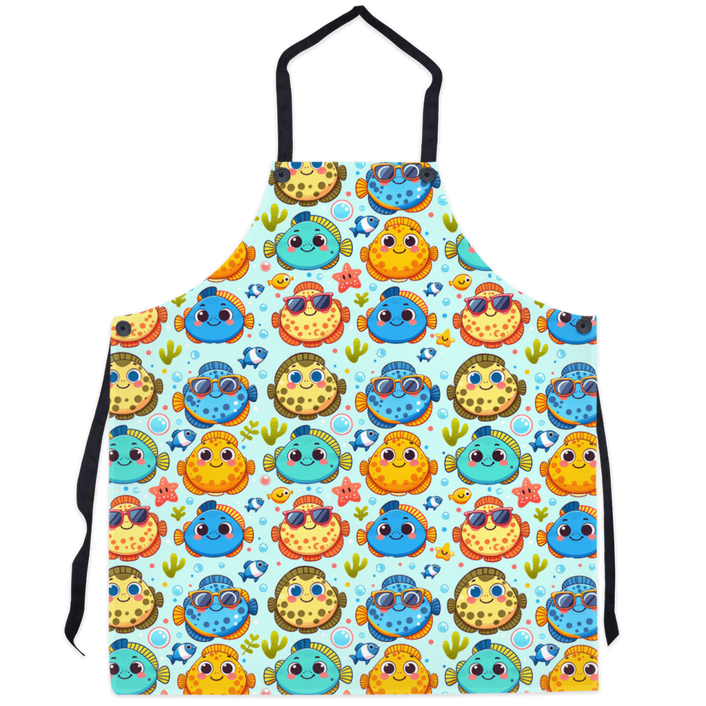 Cute fish flounder apron with playful baby flounder design featuring adorable expressions, ideal for seafood lovers and a fun kitchen addition.