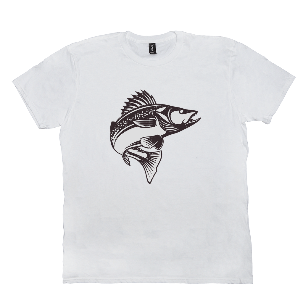 White Walleye T-Shirt with Black Fish Design for Fishing and Angling Enthusiasts