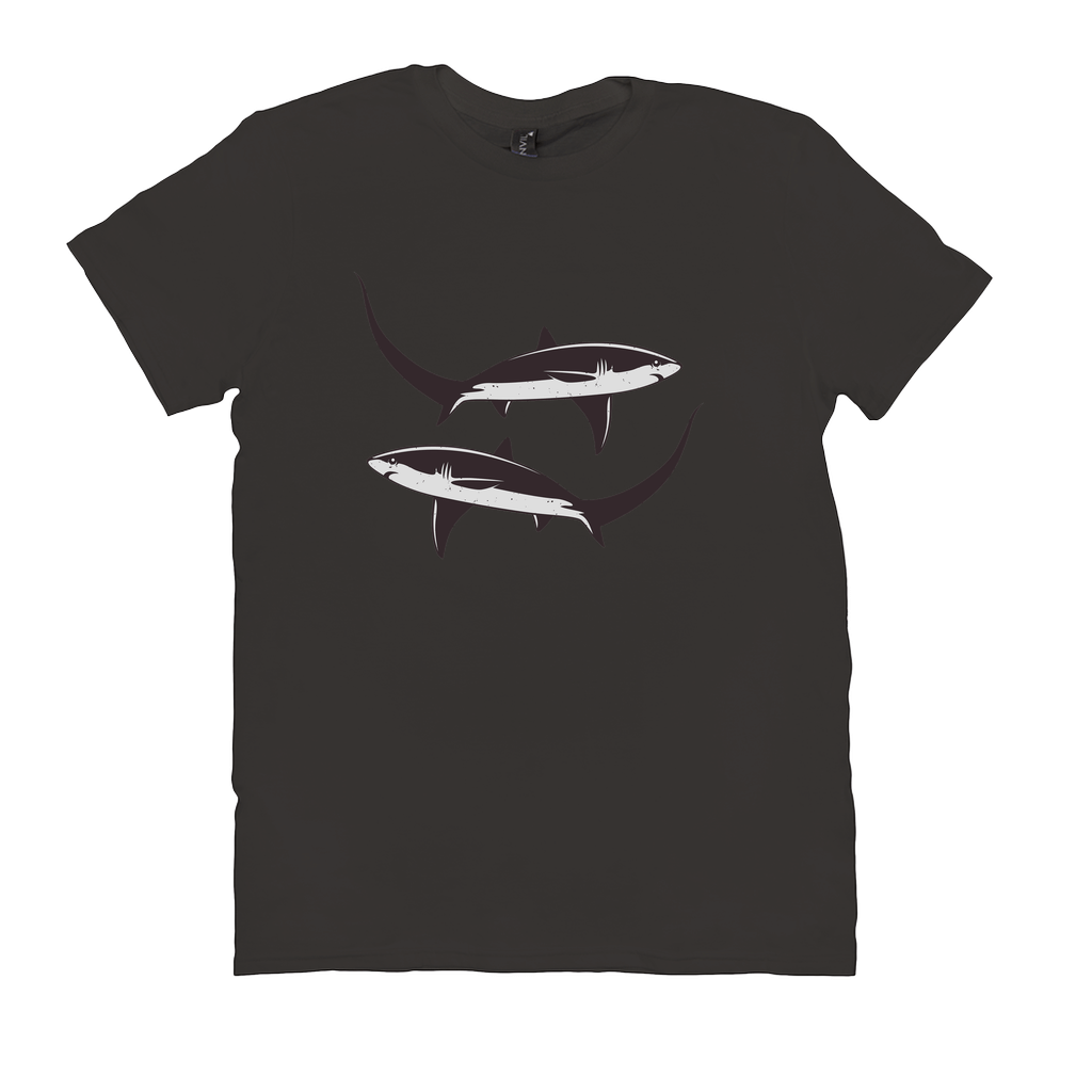 Thresher Shark T-Shirt in abyssal black with striking black and white design featuring the elongated tail of the thresher shark, 100% cotton for fishing enthusiasts.